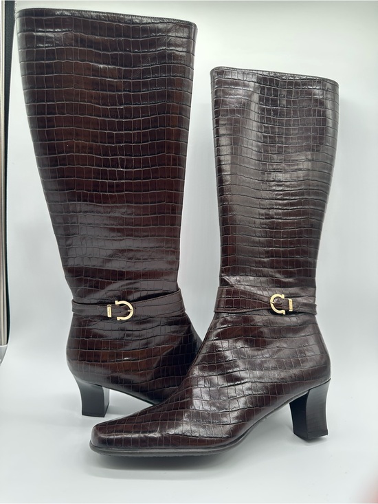 Salvatore Ferragamo Shoes - Salvatore Ferragamo Never worn  Brown Croc-Embossed  Boots with Gold Hardware